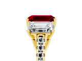 Yellow gold Three-Stone Emerald Cut Ruby Ring with Pavé Band and Prong Setting_17