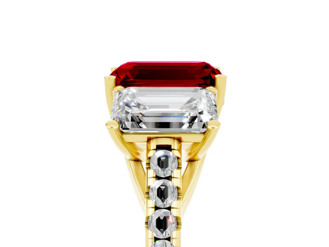 Yellow gold Three-Stone Emerald Cut Ruby Ring with Pavé Band and Prong Setting_17