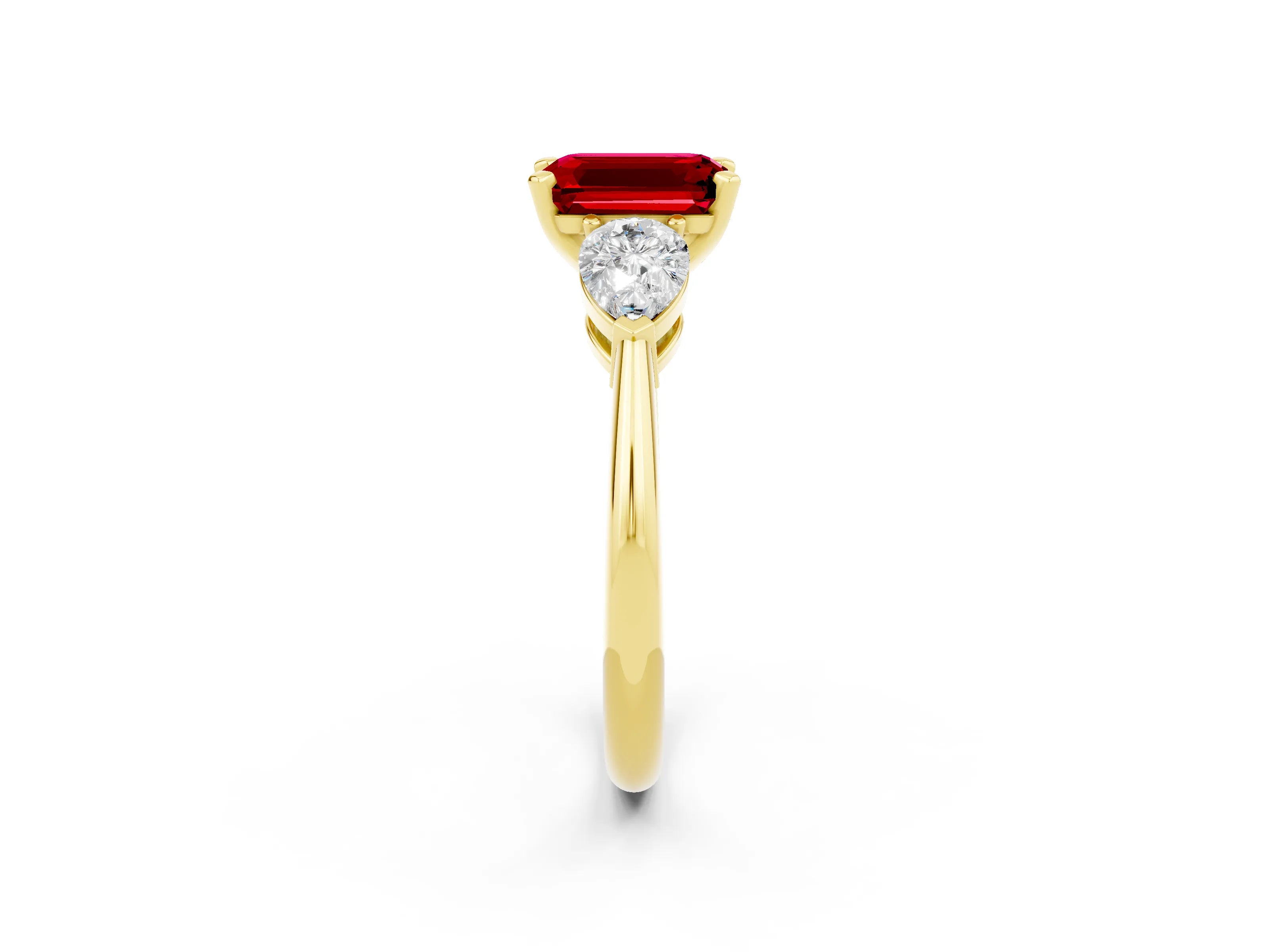 Yellow gold Three-Stone Emerald Cut Ruby Ring with Pear Side Stones and Four-Prong Setting_2