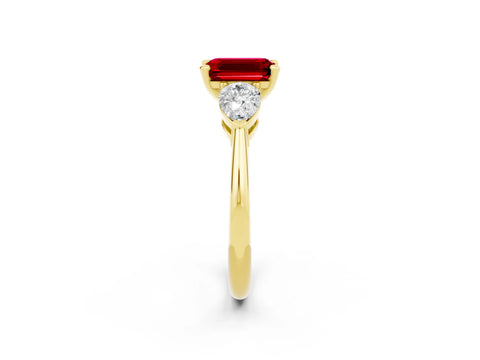 Yellow gold Three-Stone Emerald Cut Ruby Ring with Pear Side Stones and Four-Prong Setting_2