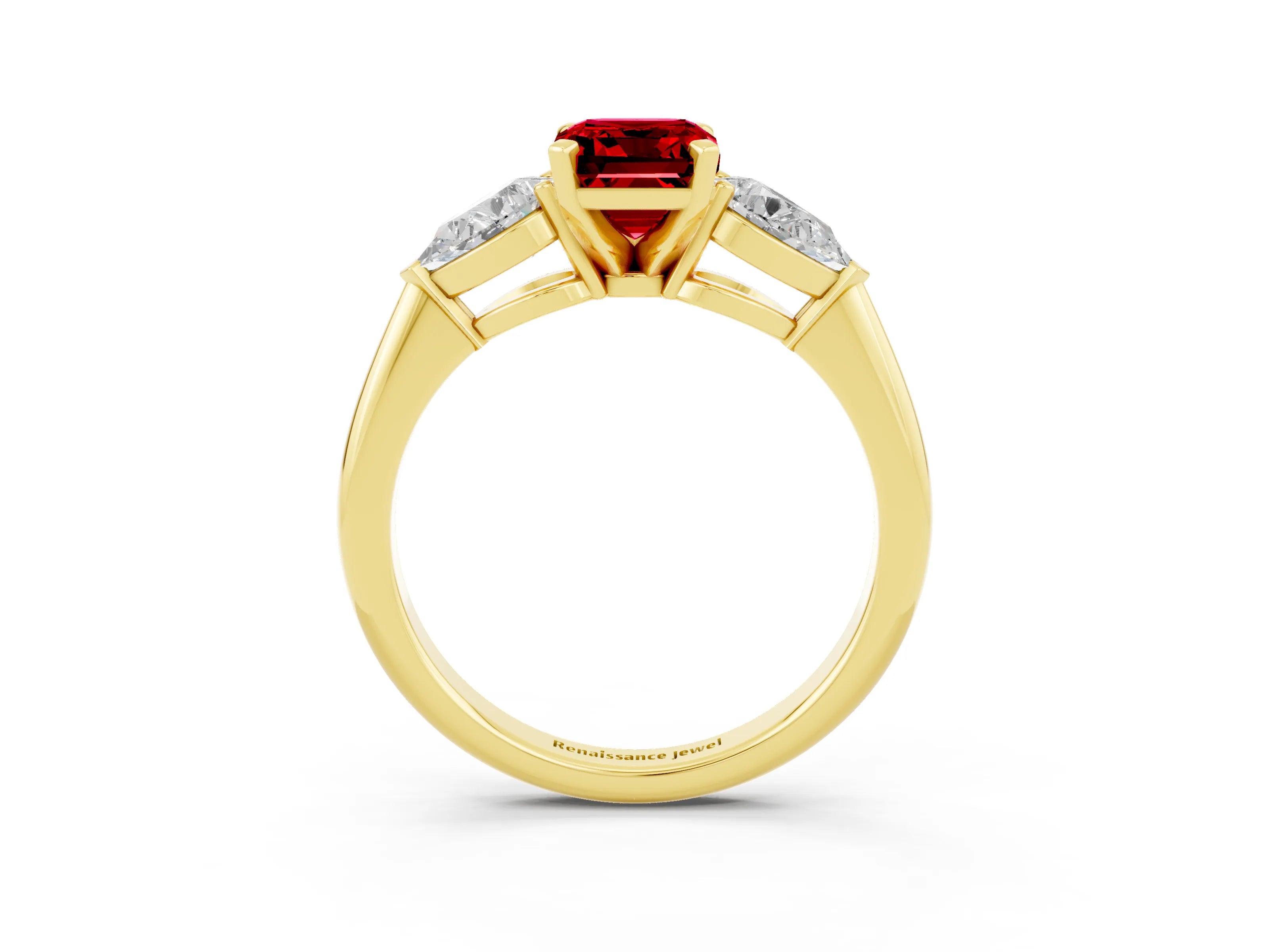 Yellow gold Three-Stone Emerald Cut Ruby Ring with Pear Side Stones and Four-Prong Setting_3