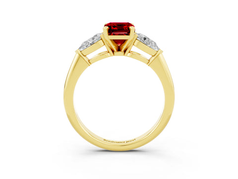 Yellow gold Three-Stone Emerald Cut Ruby Ring with Pear Side Stones and Four-Prong Setting_3
