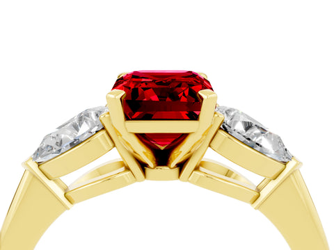 Yellow gold Three-Stone Emerald Cut Ruby Ring with Pear Side Stones and Four-Prong Setting_4