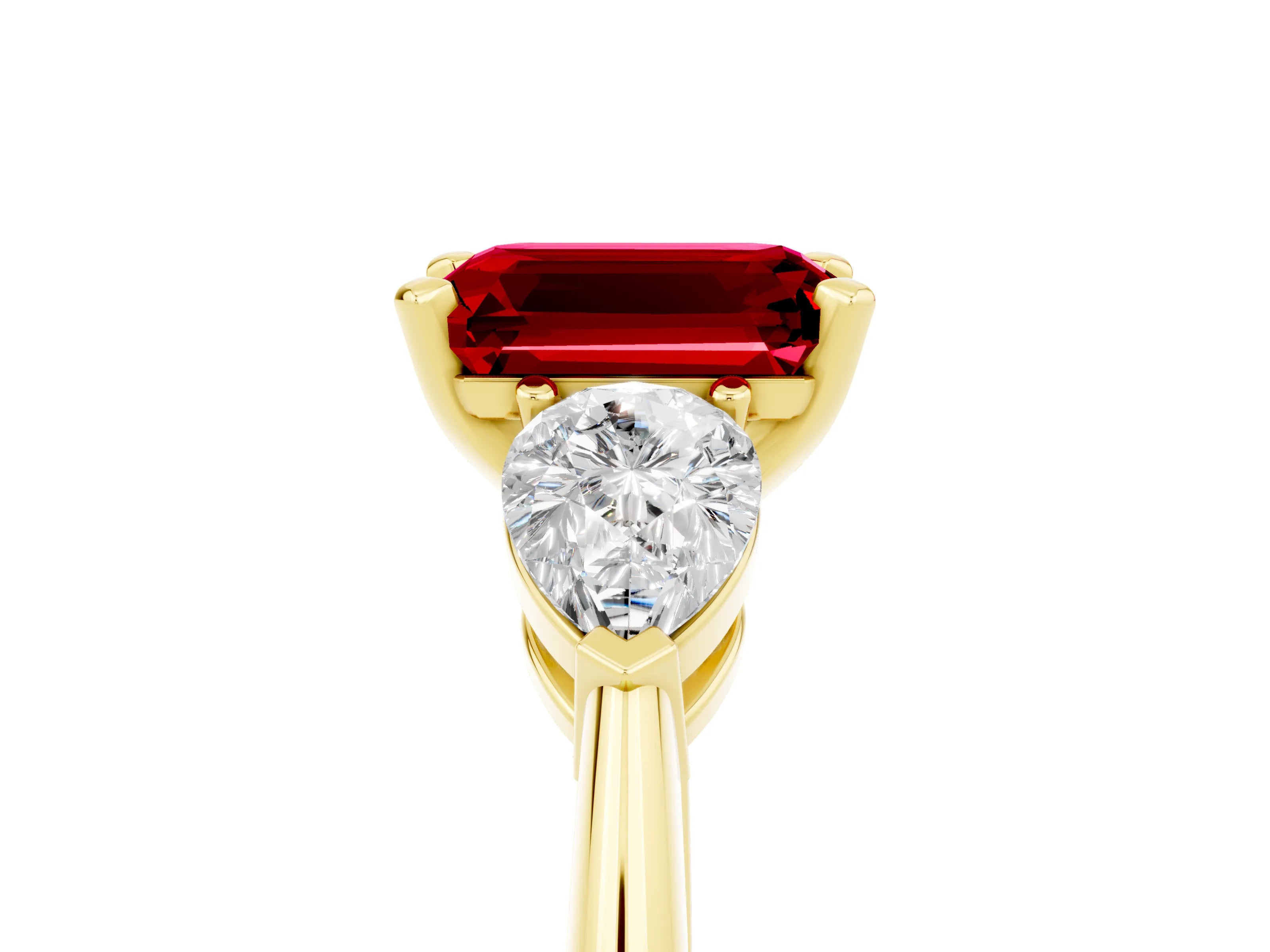 Yellow gold Three-Stone Emerald Cut Ruby Ring with Pear Side Stones and Four-Prong Setting_5