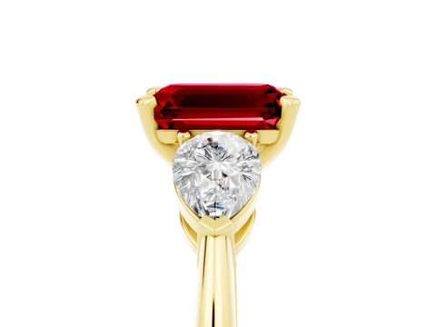 Yellow gold Three-Stone Emerald Cut Ruby Ring with Pear Side Stones and Four-Prong Setting_5