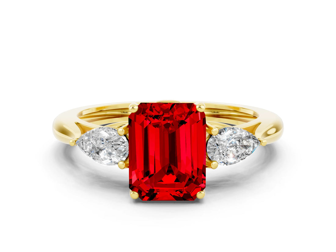 Yellow gold Three-Stone Emerald Cut Ruby Ring with Pear  Side Stones in Four-Prong Setting_12