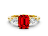 Yellow gold Three-Stone Emerald Cut Ruby Ring with Pear  Side Stones in Four-Prong Setting_12