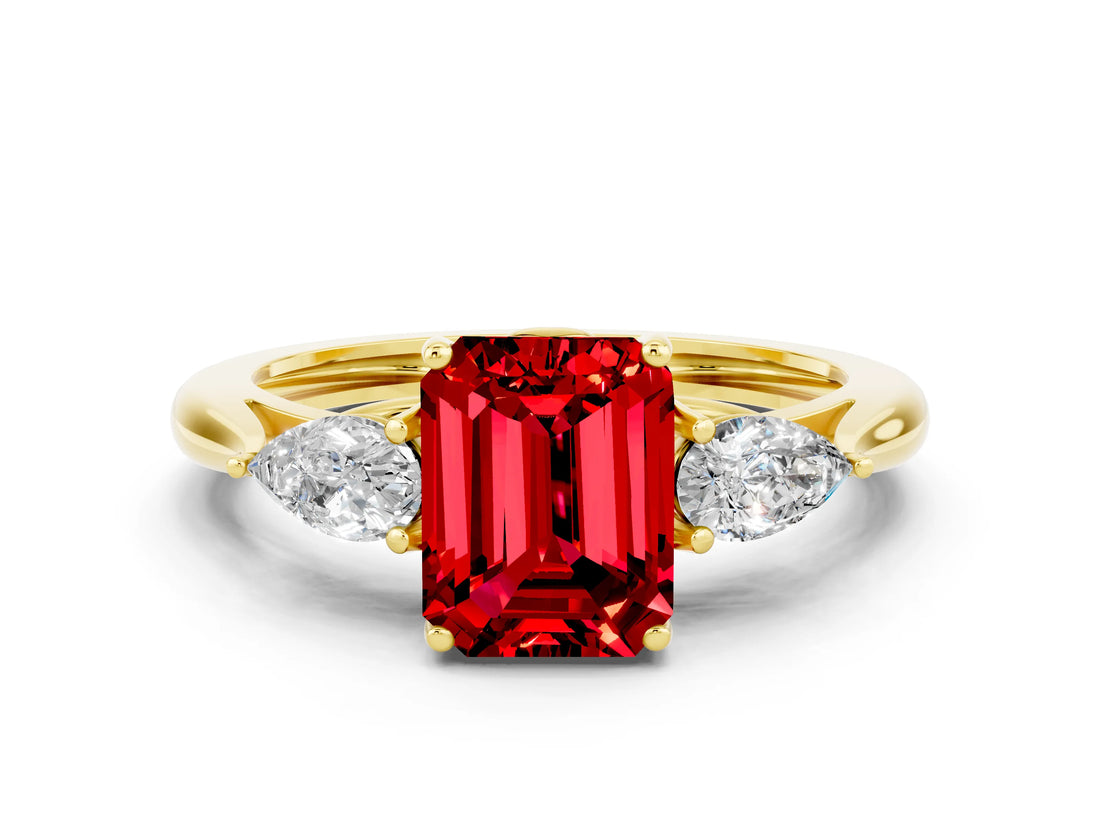 Yellow gold Three-Stone Emerald Cut Ruby Ring with Pear  Side Stones in Four-Prong Setting_36