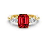 Yellow gold Three-Stone Emerald Cut Ruby Ring with Pear  Side Stones in Four-Prong Setting_36