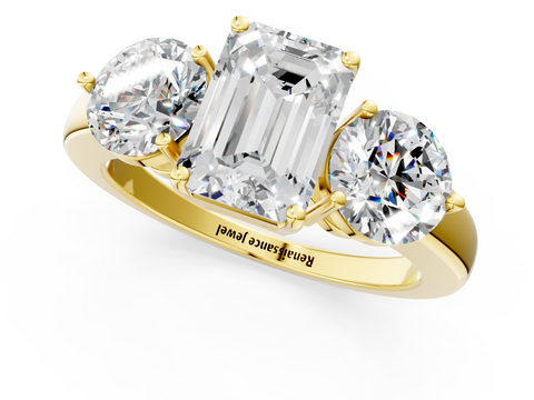Yellow gold Three-Stone Emerald Cut Solitaire Ring with Prong Setting on a Classic Band_35