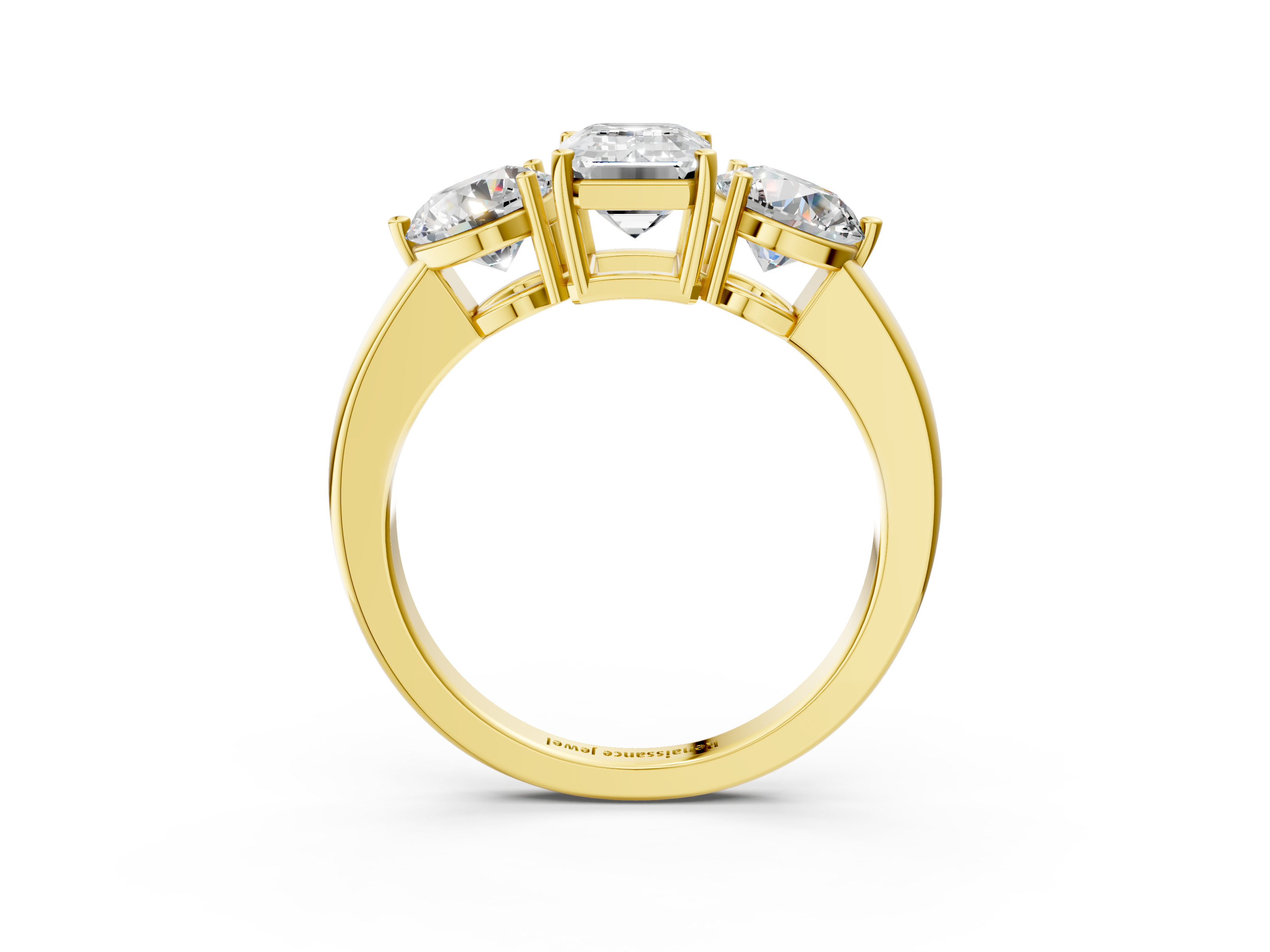 Yellow gold Three-Stone Emerald Cut Solitaire Ring with Prong Setting on a Classic Band_37