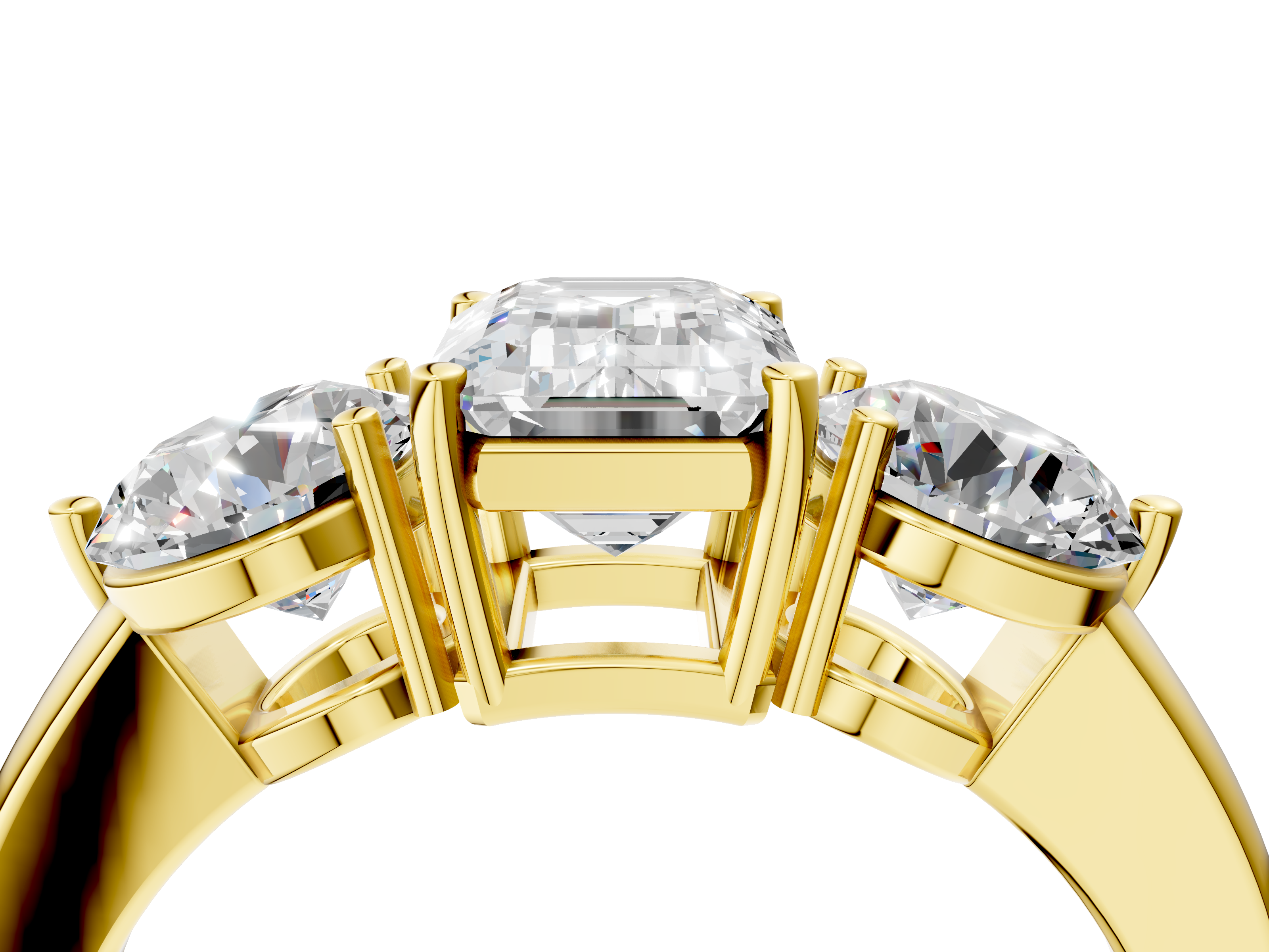 Yellow gold Three-Stone Emerald Cut Solitaire Ring with Prong Setting on a Classic Band_38