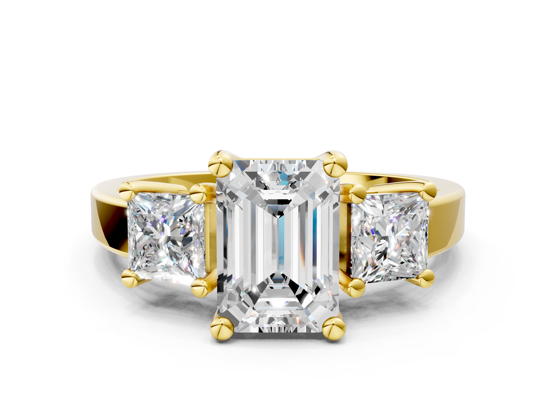Yellow gold Three-Stone Emerald Cut Solitaire Ring with Prong Setting_3