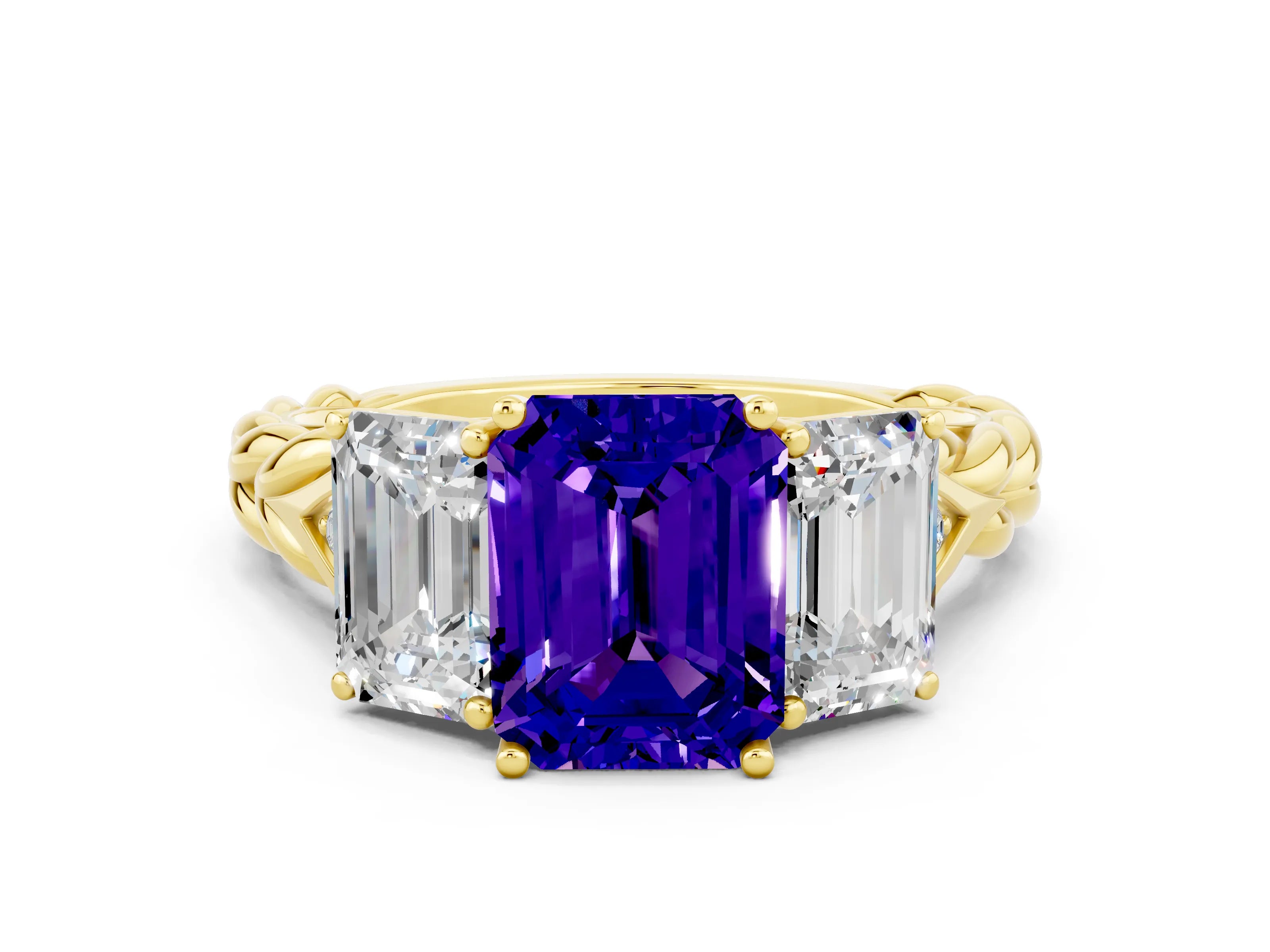 Yellow gold Three-Stone Emerald Cut Tanzanite Braided Band Ring with Four-Prong Setting_36