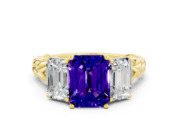 Yellow gold Three-Stone Emerald Cut Tanzanite Braided Band Ring with Four-Prong Setting
