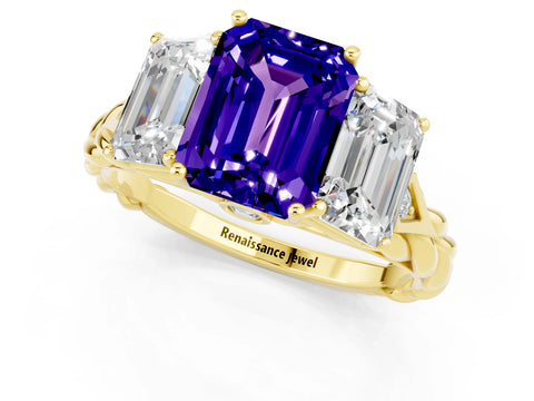 Yellow gold Three-Stone Emerald Cut Tanzanite Braided Band Ring with Four-Prong Setting_37