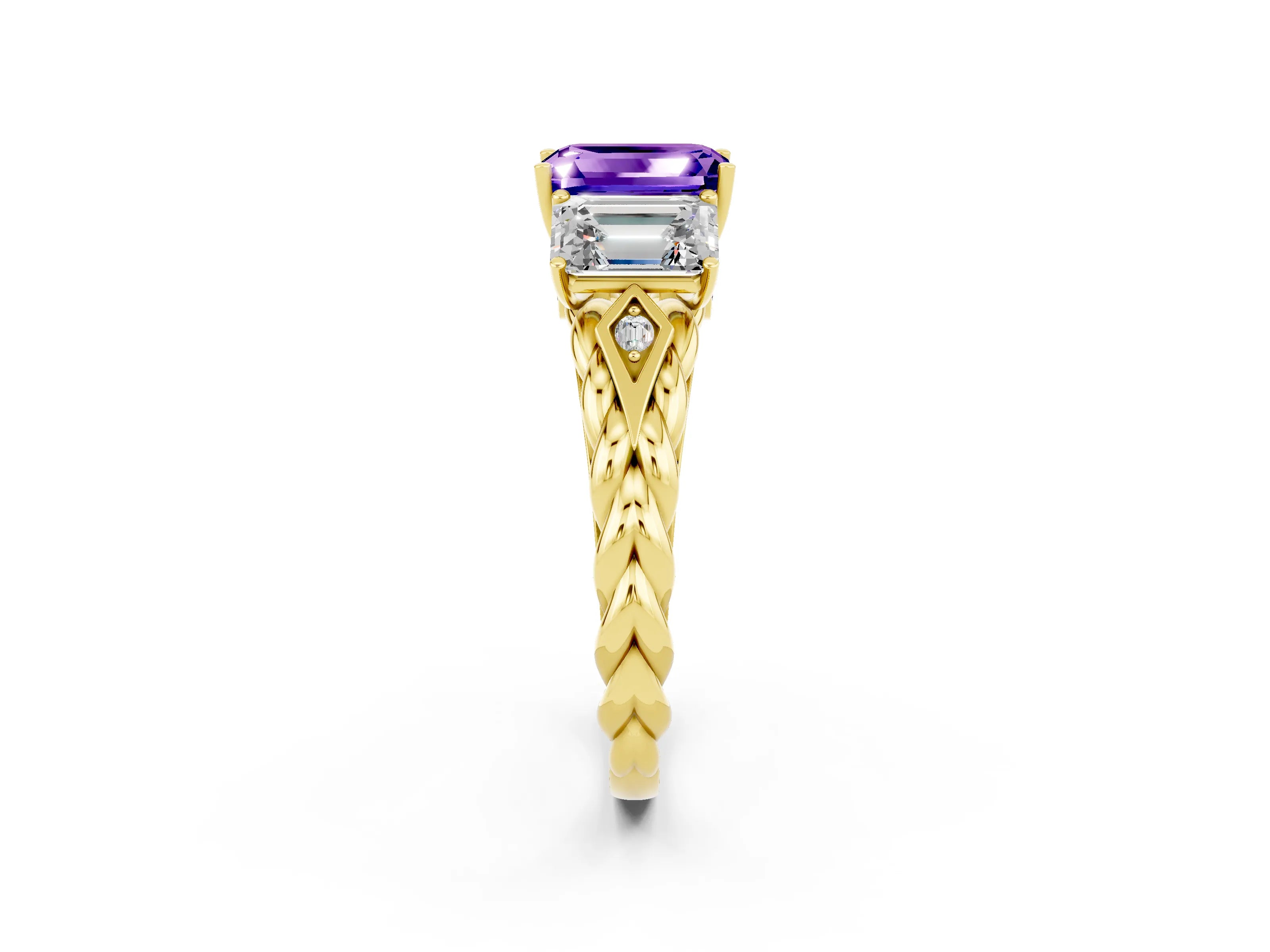 Yellow gold Three-Stone Emerald Cut Tanzanite Braided Band Ring with Four-Prong Setting_38