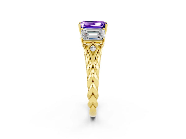 Yellow gold Three-Stone Emerald Cut Tanzanite Braided Band Ring with Four-Prong Setting