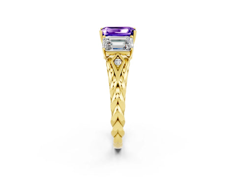 Yellow gold Three-Stone Emerald Cut Tanzanite Braided Band Ring with Four-Prong Setting_38