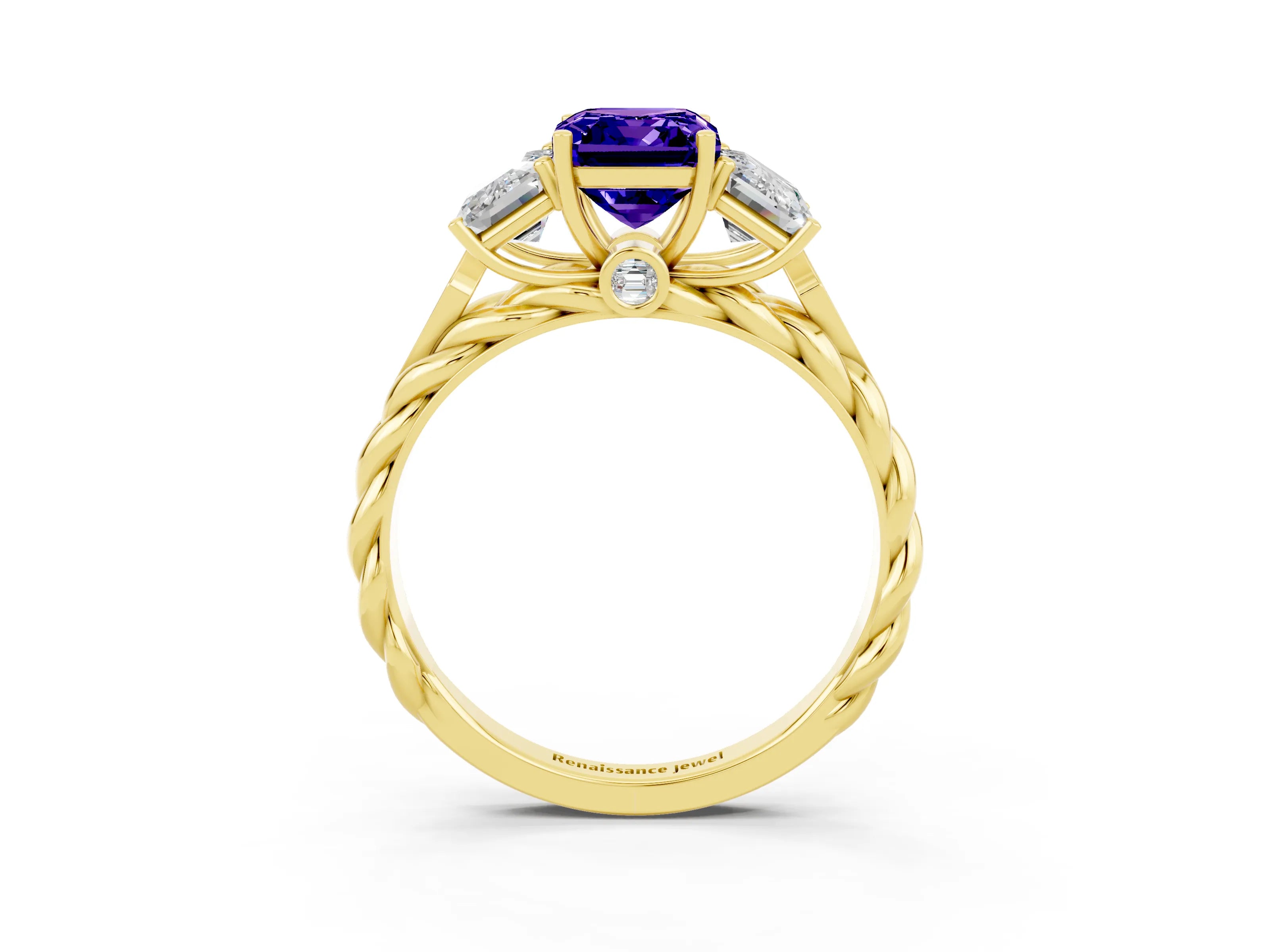 Yellow gold Three-Stone Emerald Cut Tanzanite Braided Band Ring with Four-Prong Setting_39