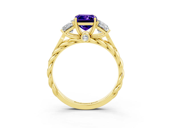 Yellow gold Three-Stone Emerald Cut Tanzanite Braided Band Ring with Four-Prong Setting