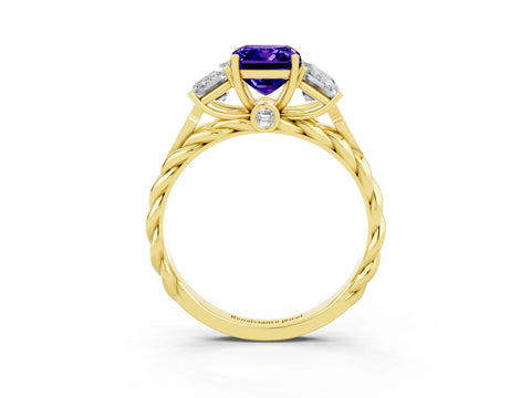 Yellow gold Three-Stone Emerald Cut Tanzanite Braided Band Ring with Four-Prong Setting_39