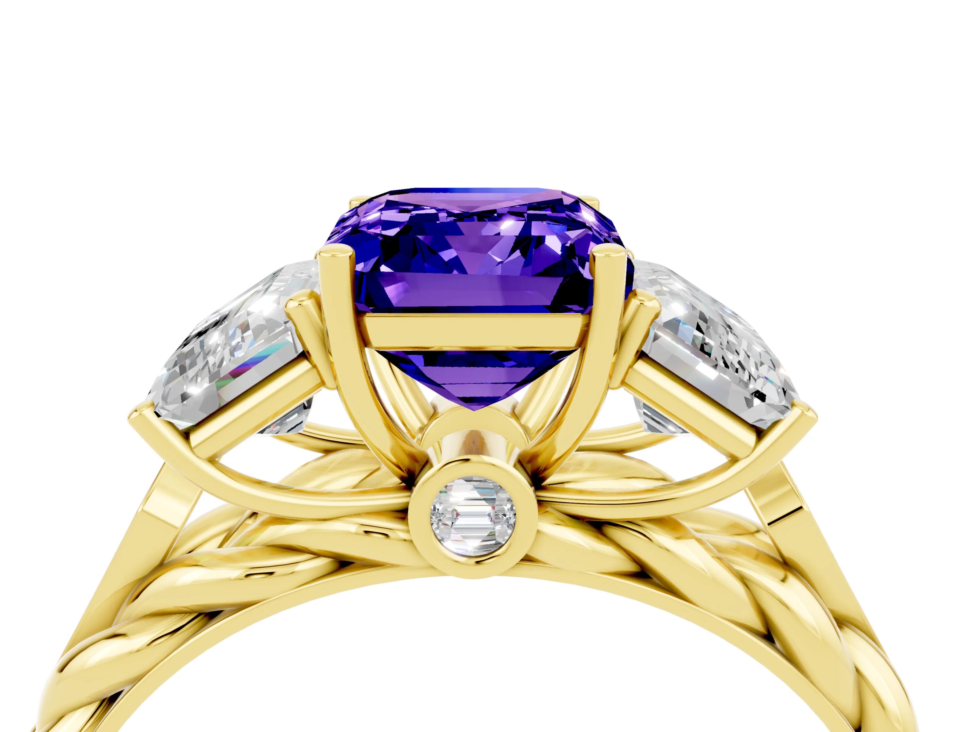 Yellow gold Three-Stone Emerald Cut Tanzanite Braided Band Ring with Four-Prong Setting_40