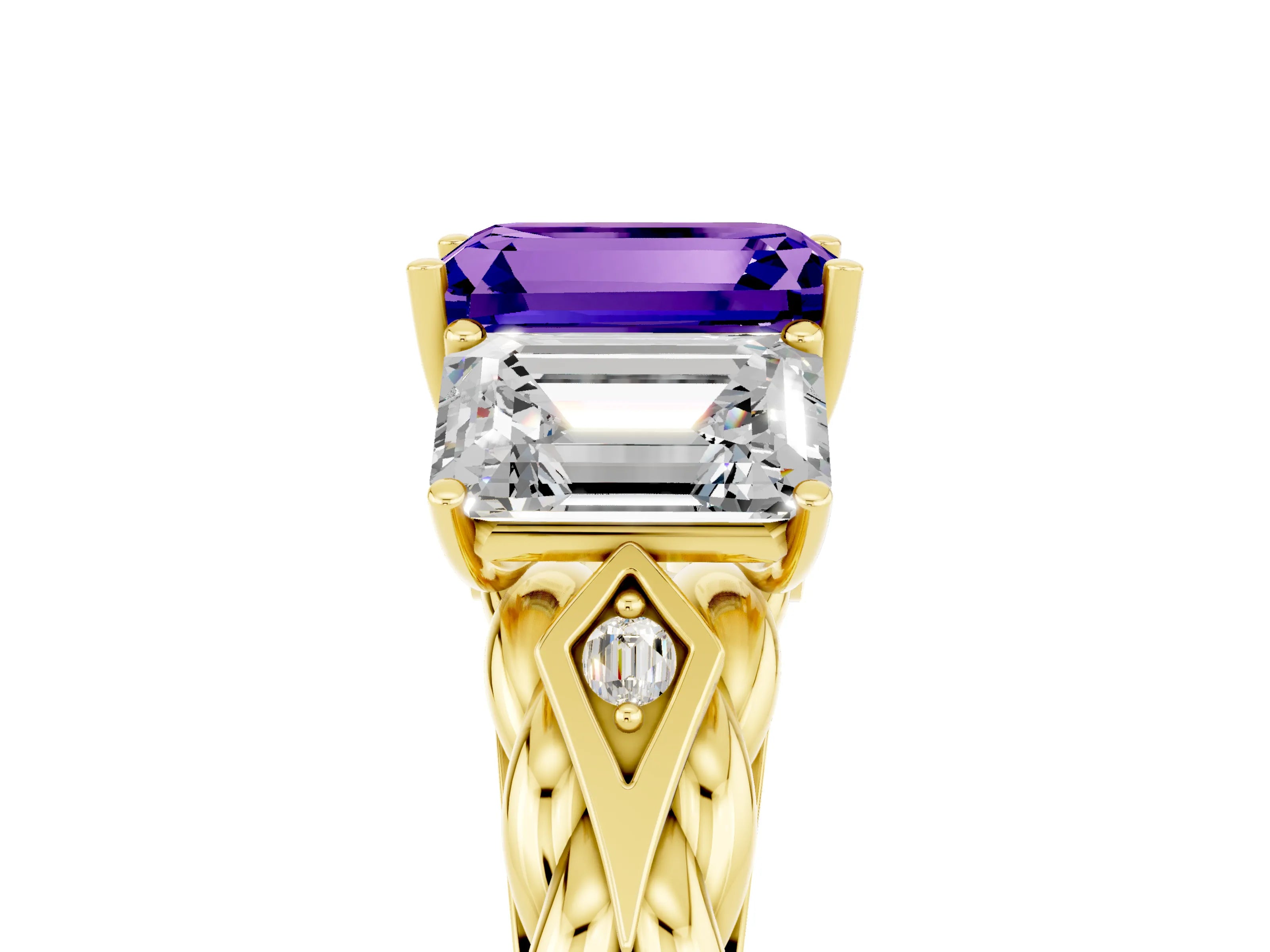 Yellow gold Three-Stone Emerald Cut Tanzanite Braided Band Ring with Four-Prong Setting_41