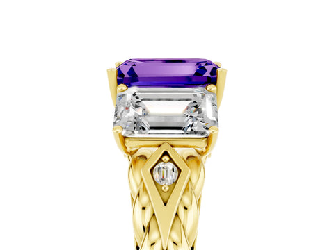 Yellow gold Three-Stone Emerald Cut Tanzanite Braided Band Ring with Four-Prong Setting_41