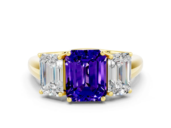 Yellow gold Three-Stone Emerald Cut Tanzanite Engagement Ring with Prong Setting