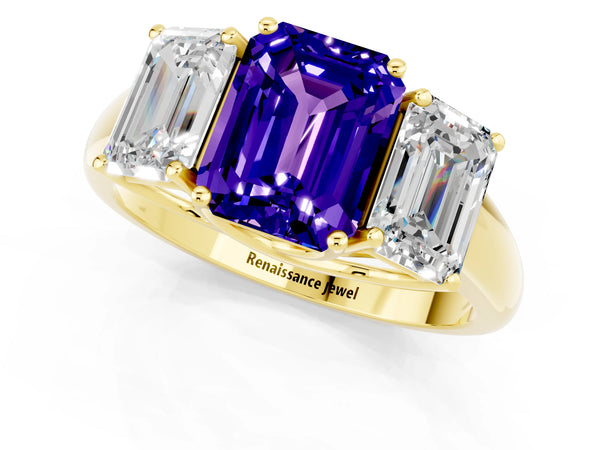Yellow gold Three-Stone Emerald Cut Tanzanite Engagement Ring with Prong Setting