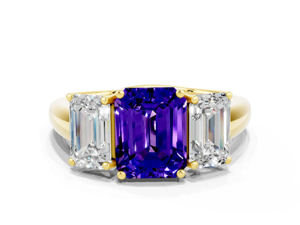Yellow gold Three-Stone Emerald Cut Tanzanite Engagement Ring with Prong Setting