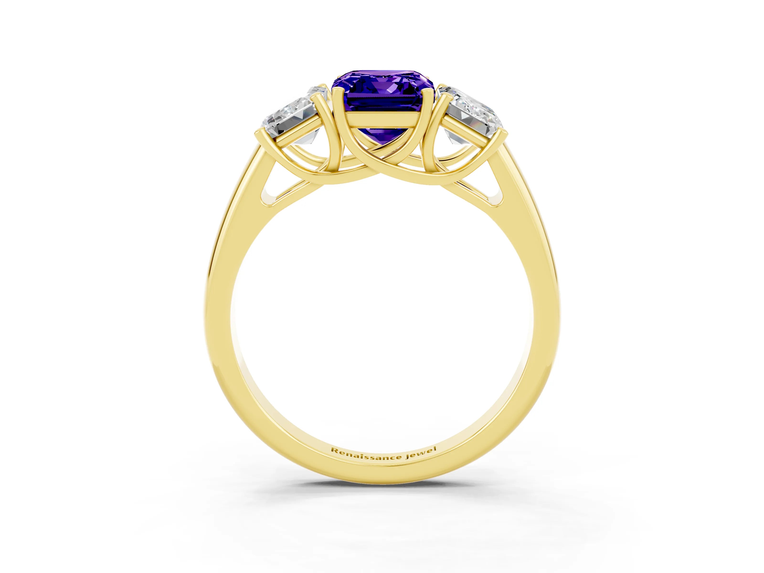 Yellow gold Three-Stone Emerald Cut Tanzanite Engagement Ring with Prong Setting_15