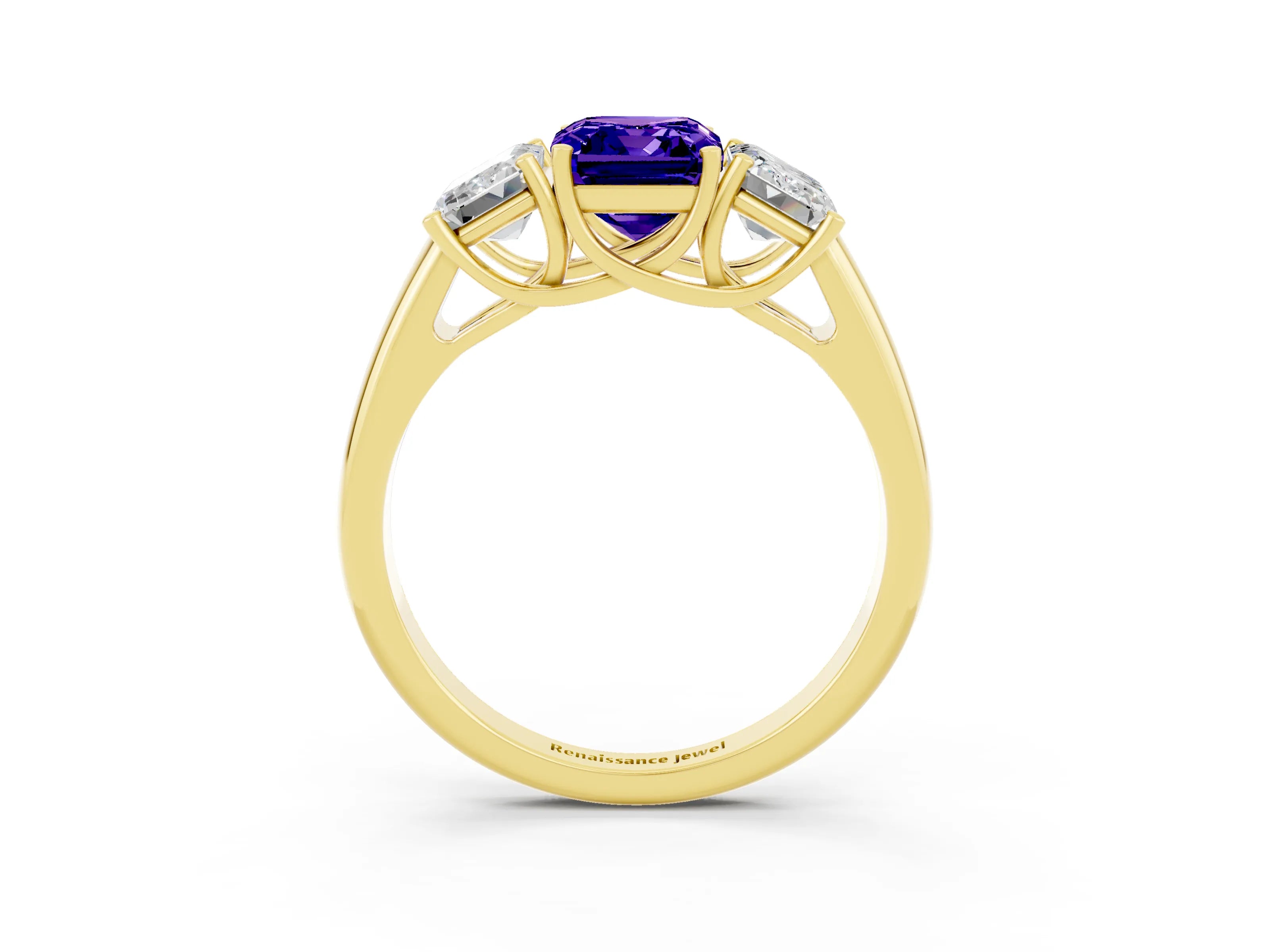 Yellow gold Three-Stone Emerald Cut Tanzanite Engagement Ring with Prong Setting_3
