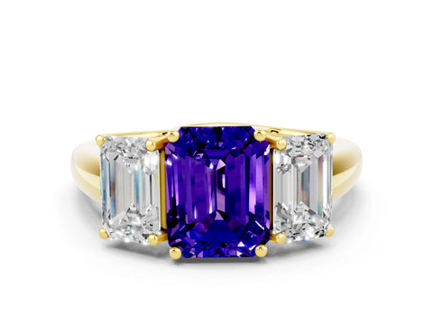 Yellow gold Three-Stone Emerald Cut Tanzanite Engagement Ring with Prong Setting