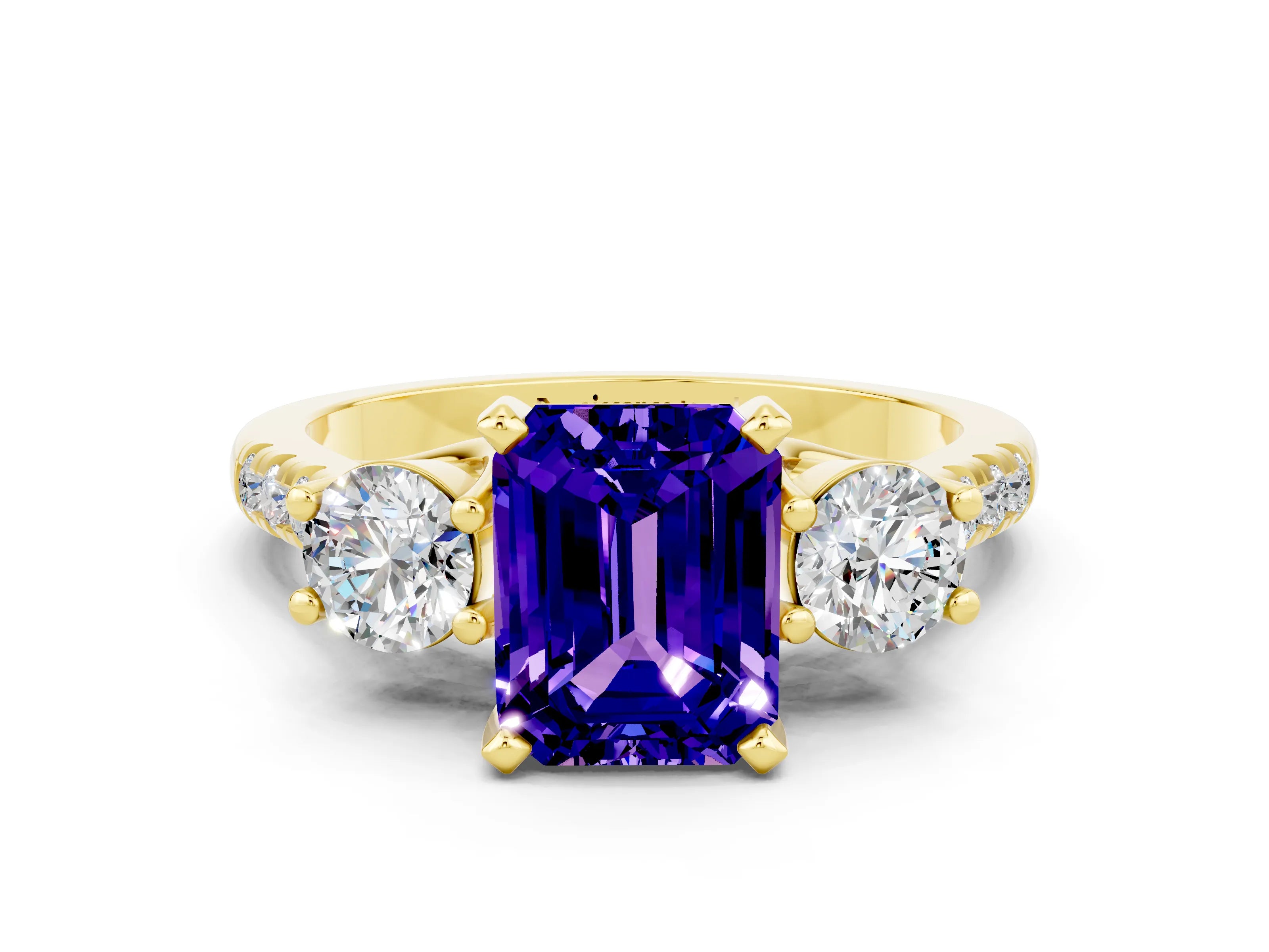 Yellow gold Three-Stone Emerald Cut Tanzanite Pavé Band with Four-Prong Setting