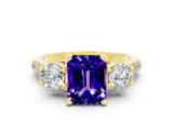 Yellow gold Three-Stone Emerald Cut Tanzanite Pavé Band with Four-Prong Setting