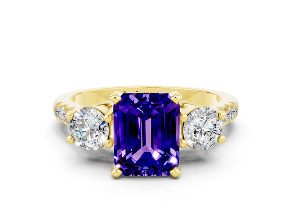Yellow gold Three-Stone Emerald Cut Tanzanite Pavé Band with Four-Prong Setting