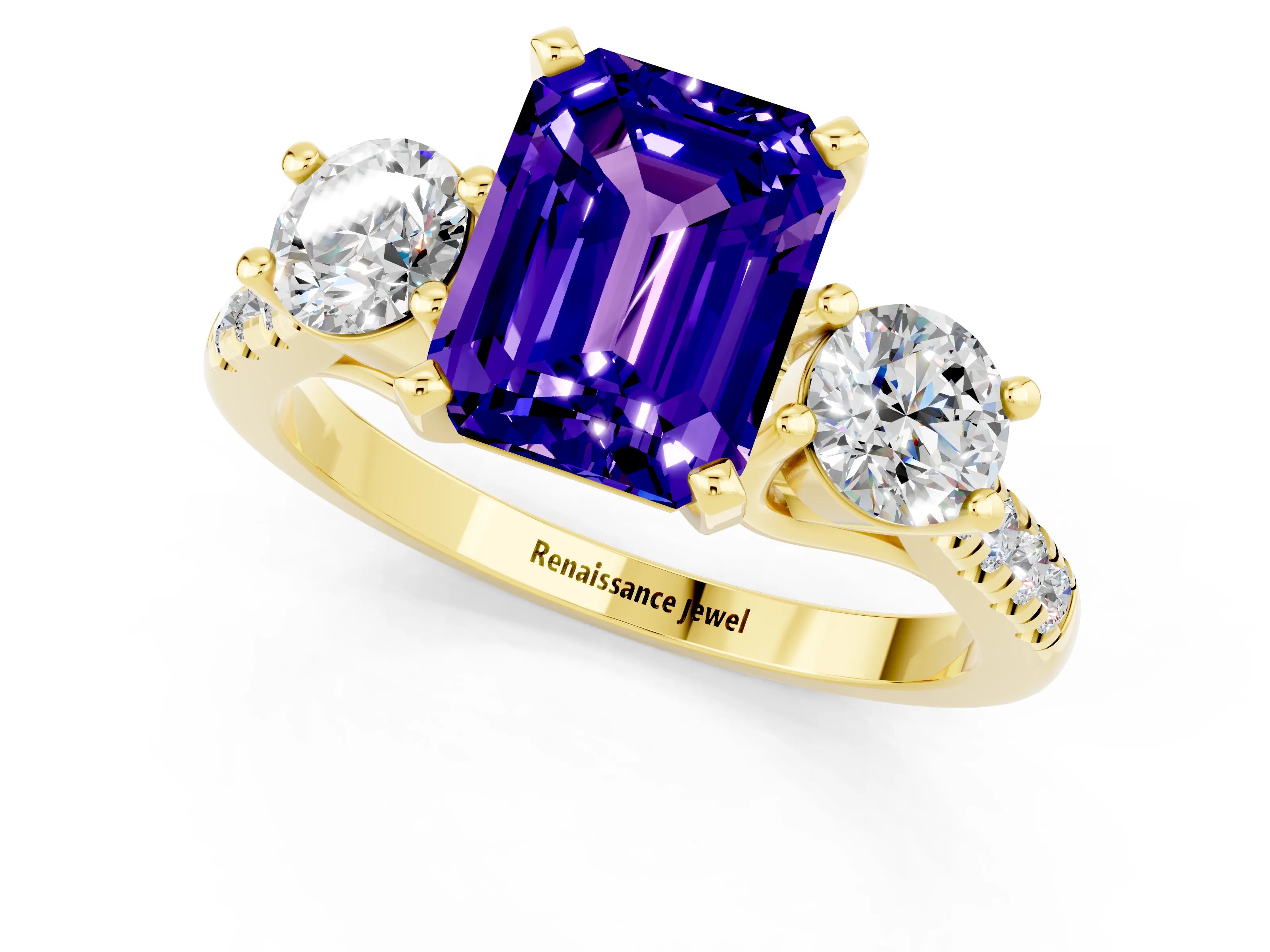 Yellow gold Three-Stone Emerald Cut Tanzanite Pavé Band with Four-Prong Setting_1