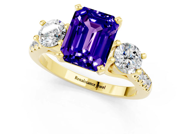 Yellow gold Three-Stone Emerald Cut Tanzanite Pavé Band with Four-Prong Setting