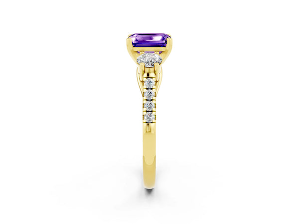 Yellow gold Three-Stone Emerald Cut Tanzanite Pavé Band with Four-Prong Setting