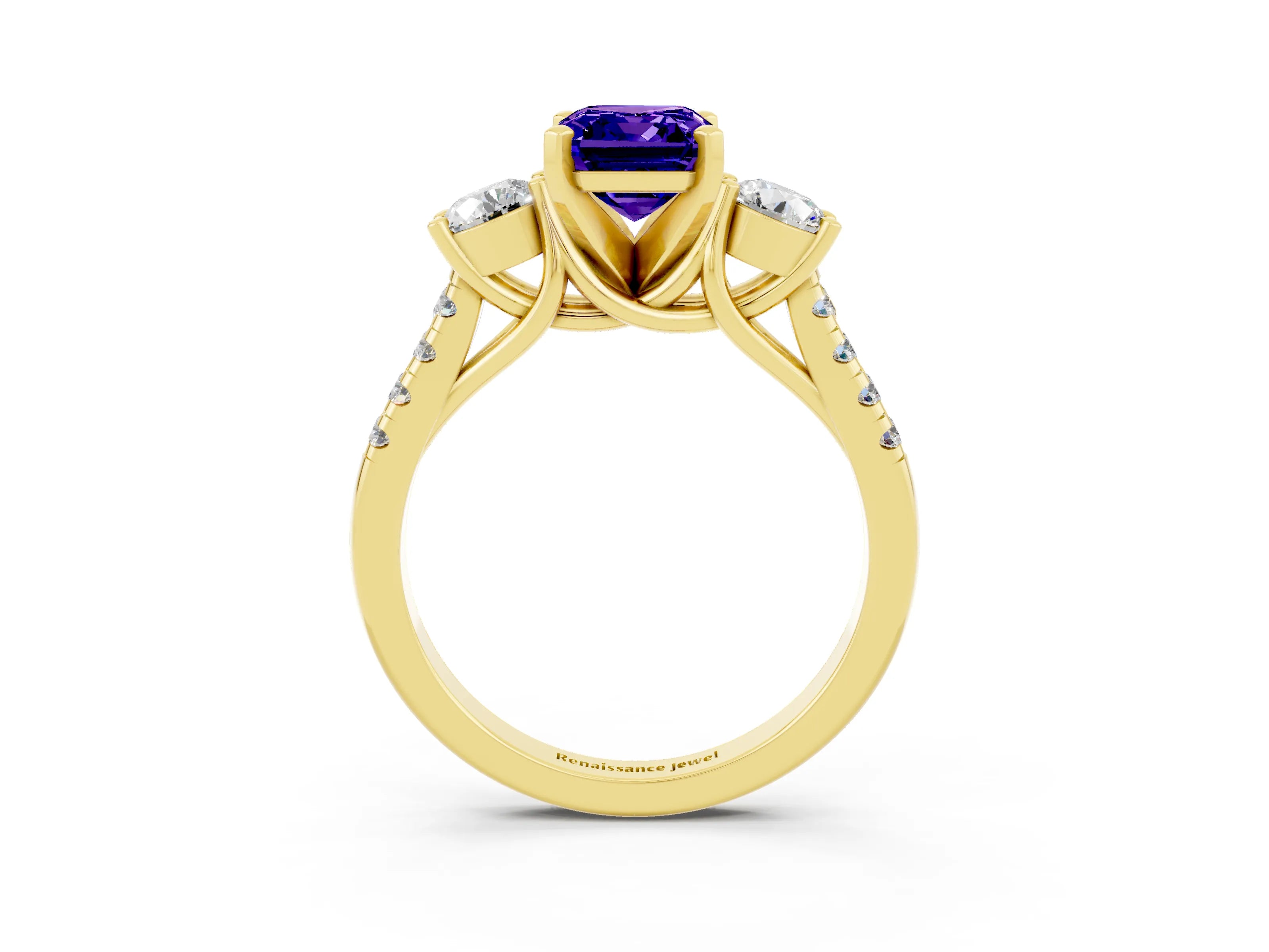 Yellow gold Three-Stone Emerald Cut Tanzanite Pavé Band with Four-Prong Setting_3