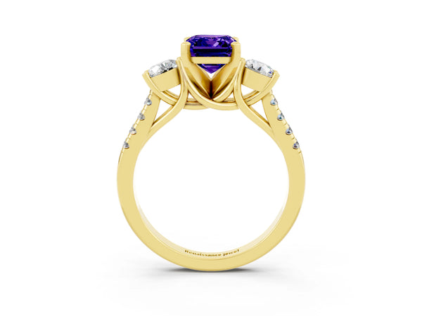 Yellow gold Three-Stone Emerald Cut Tanzanite Pavé Band with Four-Prong Setting