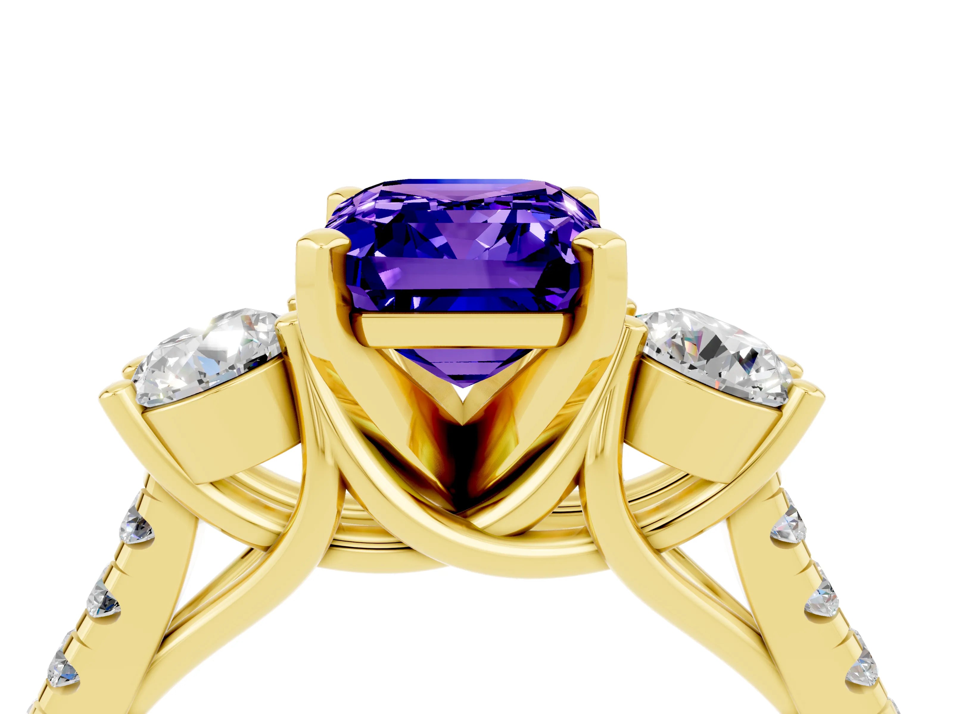 Yellow gold Three-Stone Emerald Cut Tanzanite Pavé Band with Four-Prong Setting_4