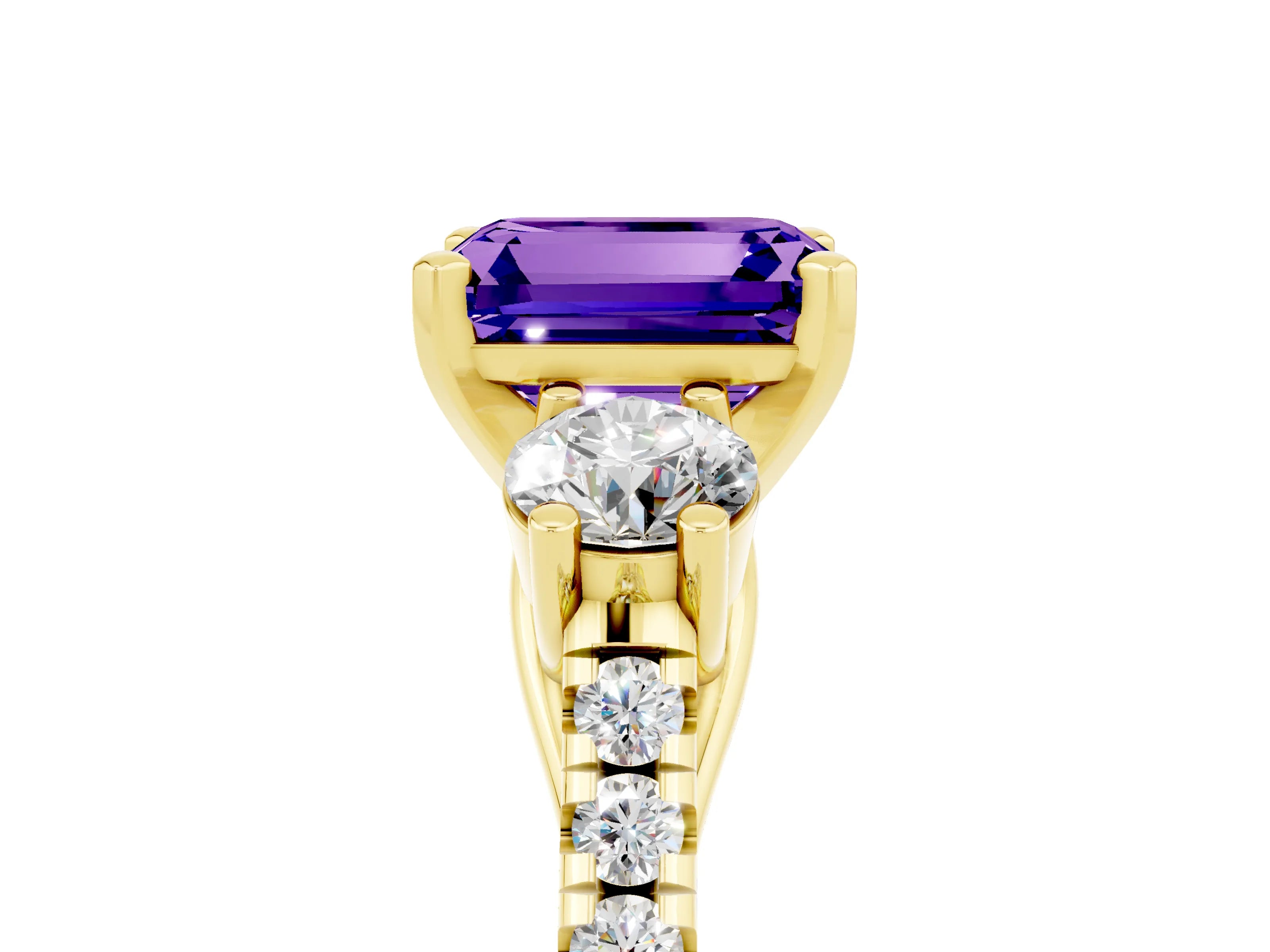 Yellow gold Three-Stone Emerald Cut Tanzanite Pavé Band with Four-Prong Setting_5