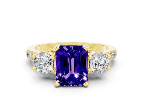 Yellow gold Three-Stone Emerald Cut Tanzanite Pavé Band with Four-Prong Setting