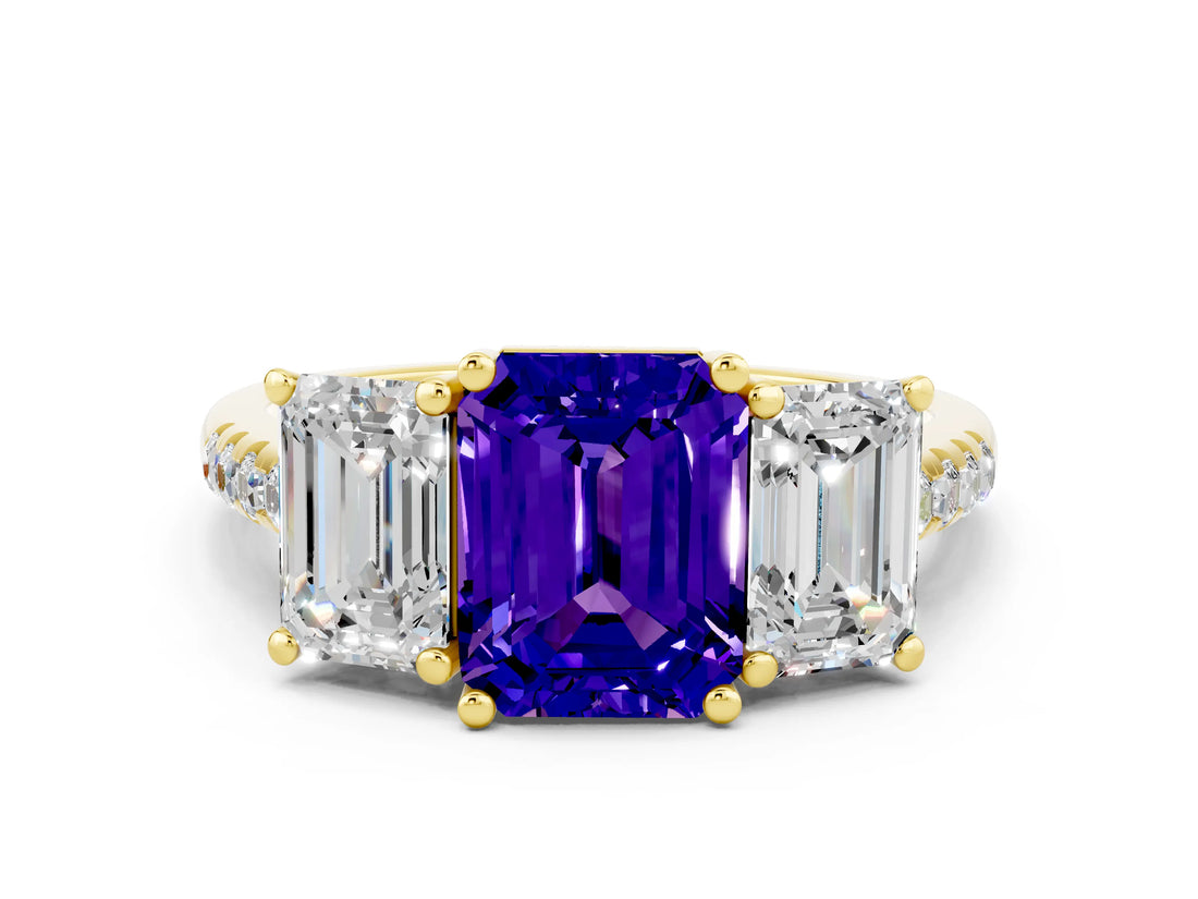 Yellow gold Three-Stone Emerald Cut Tanzanite Ring with Pavé Band and Prong Setting_12