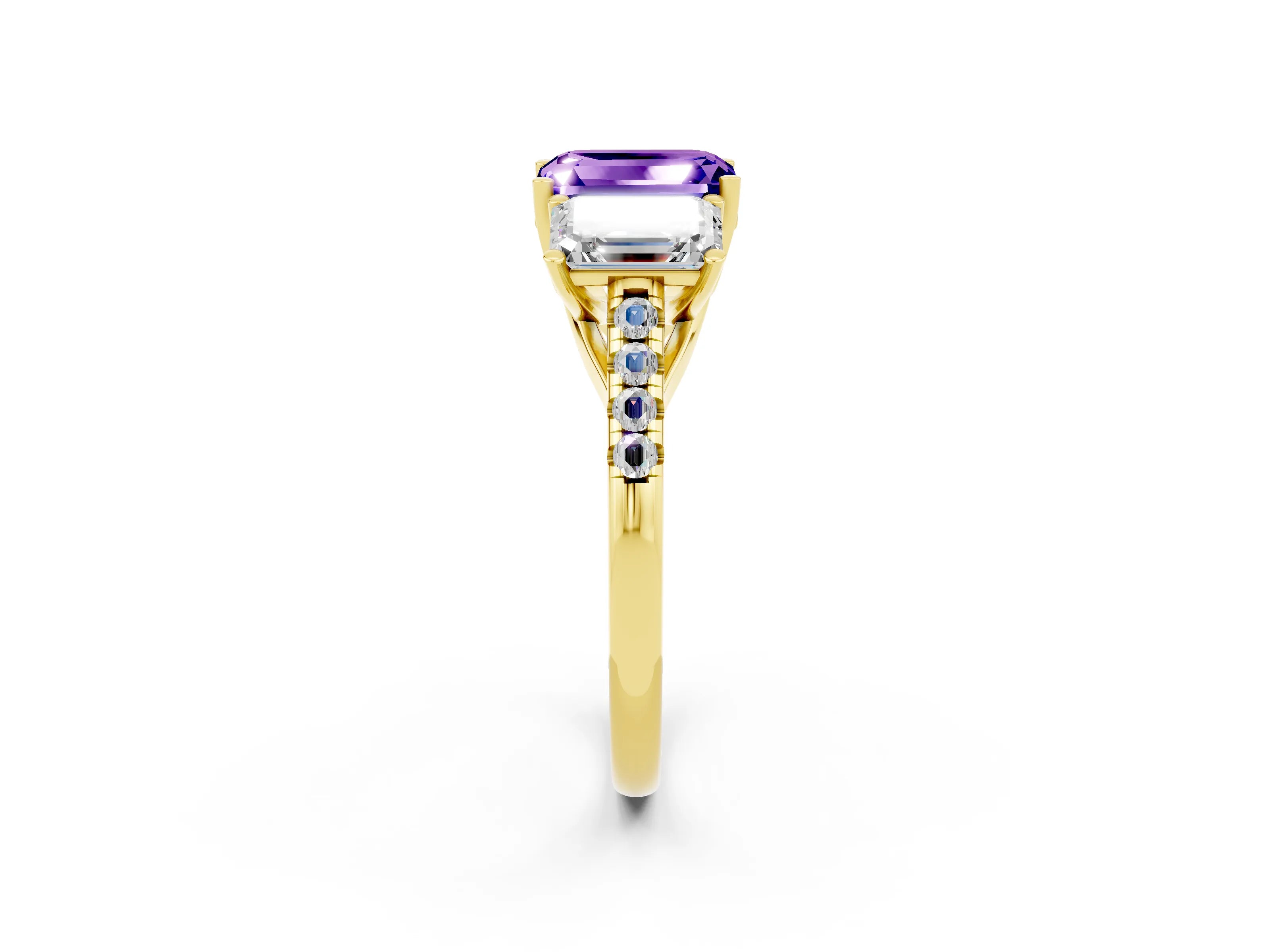 Yellow gold Three-Stone Emerald Cut Tanzanite Ring with Pavé Band and Prong Setting_14