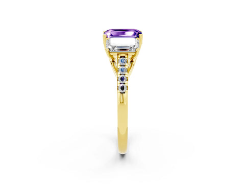 Yellow gold Three-Stone Emerald Cut Tanzanite Ring with Pavé Band and Prong Setting_14