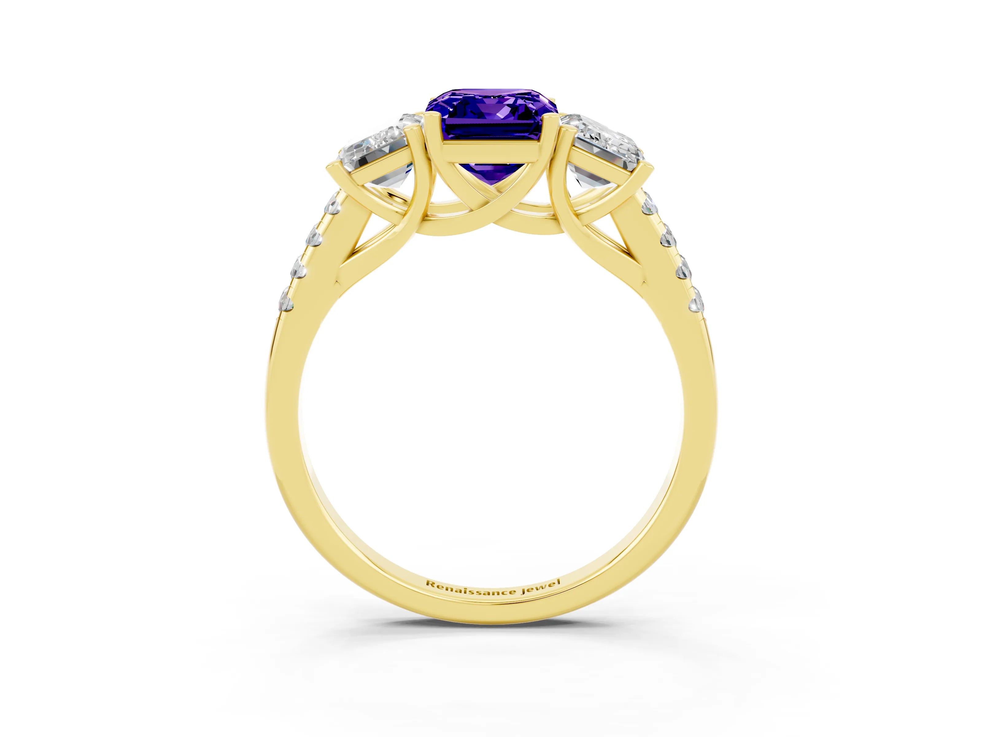 Yellow gold Three-Stone Emerald Cut Tanzanite Ring with Pavé Band and Prong Setting_15